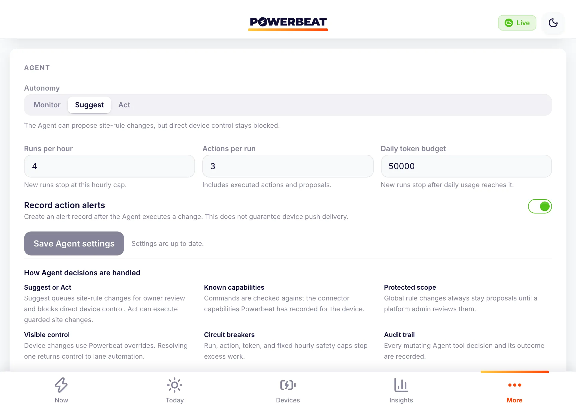 The owner-only Agent settings card showing Suggest mode, run and action limits, a daily token budget, action alerts, and the enforced policy summary.