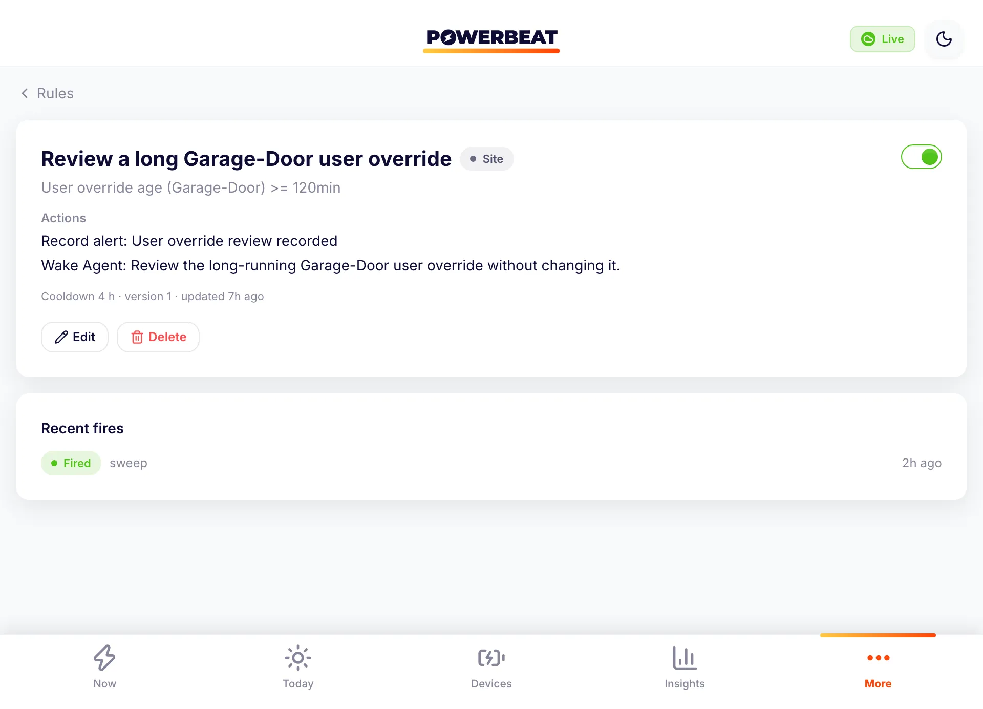The long user-override rule showing a two-hour Garage-Door condition, recorded-alert and Agent-wake actions, a four-hour cooldown, and a recent event.